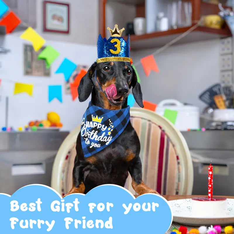 Dog Birthday Bandana Set, Doggie Birthday Party Supplies Decorations (11-Piece Set) with Cute Dog Bow Tie, Crown Hat with Numbers for Small Medium Large Dogs, Blue Dog Birthday Outfit (Blue)